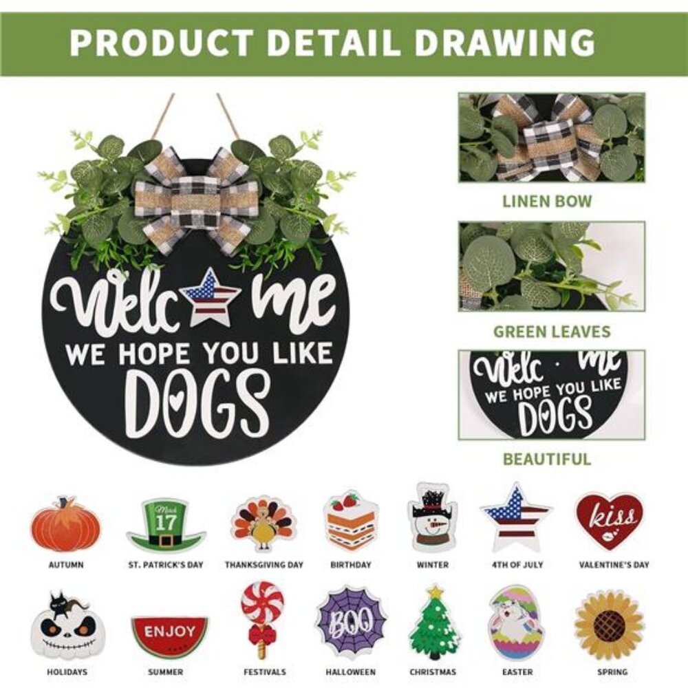 Interchangeable Wooden Seasonal Welcome Sign, Rustic Round Dogs Sign - Picture 3 of 8